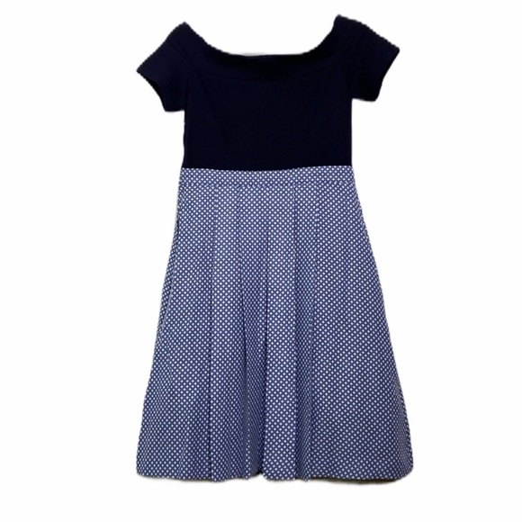 MODCLOTH Off The Shoulder Embroidered 50's Inspired Dress Blue Polka Dot Sz M - Picture 6 of 6